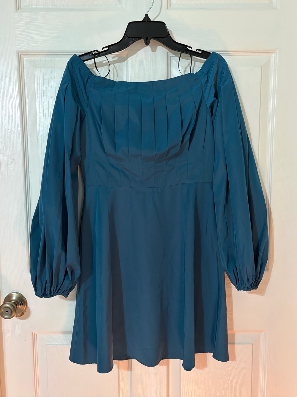 Trina Turk Teal Off-the-Shoulder Pleated Bodice Long Sleeve Dress